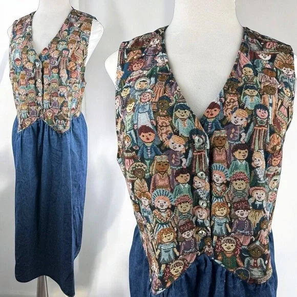 Vtg 90s Venezia Jeans Children Around The World Denim Maxi Dress Plus Size 22/24 - Picture 2 of 16